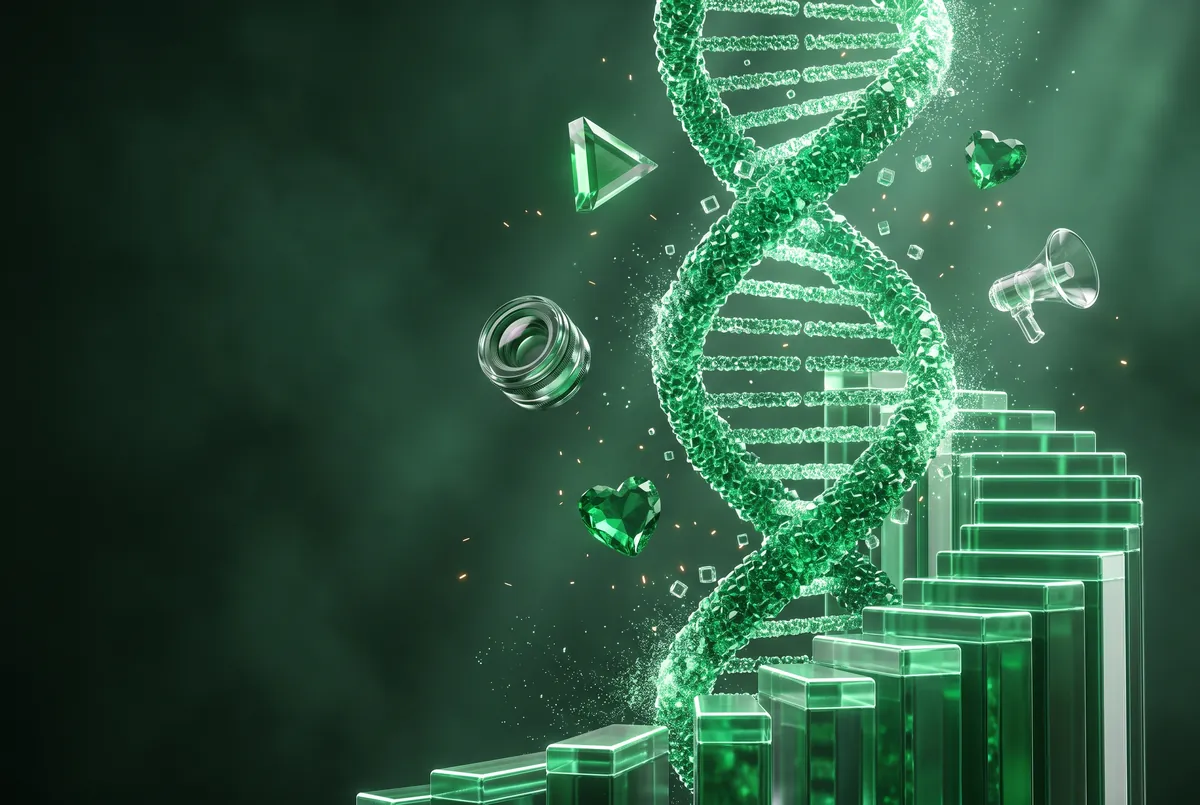 Yeşil cam basamaklardan yükselen, parçacıklara dağılan zümrüt DNA sarmalı